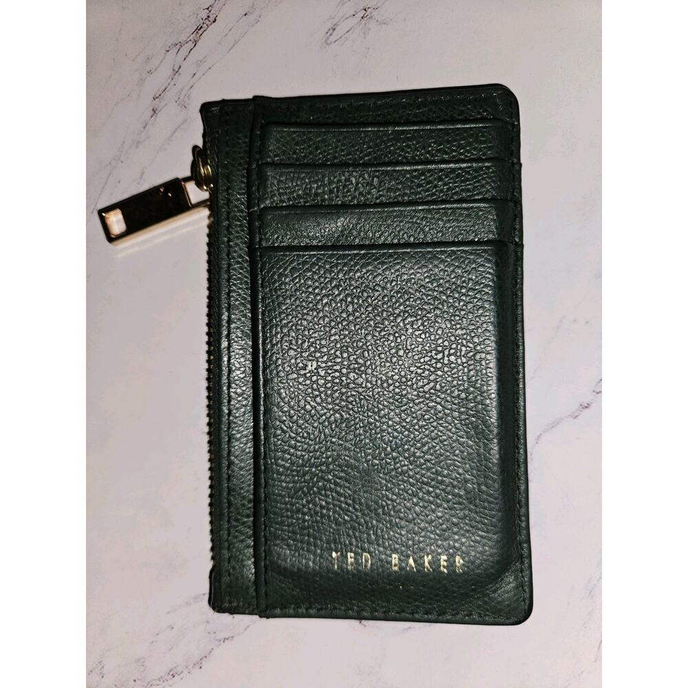 Ted Baker Green Pebbled Leather Zip Coin Purse Card Holder Wallet Gold Logo 5x3